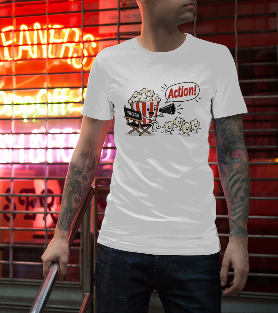 Director Popcorn Calling Action Movie Night Chair Megaphone T-Shirt