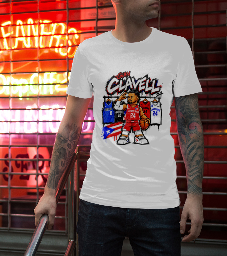 Gian Clavell Puerto Rico Basketball Cartoon With Jersey Collection And Flag T-Shirt