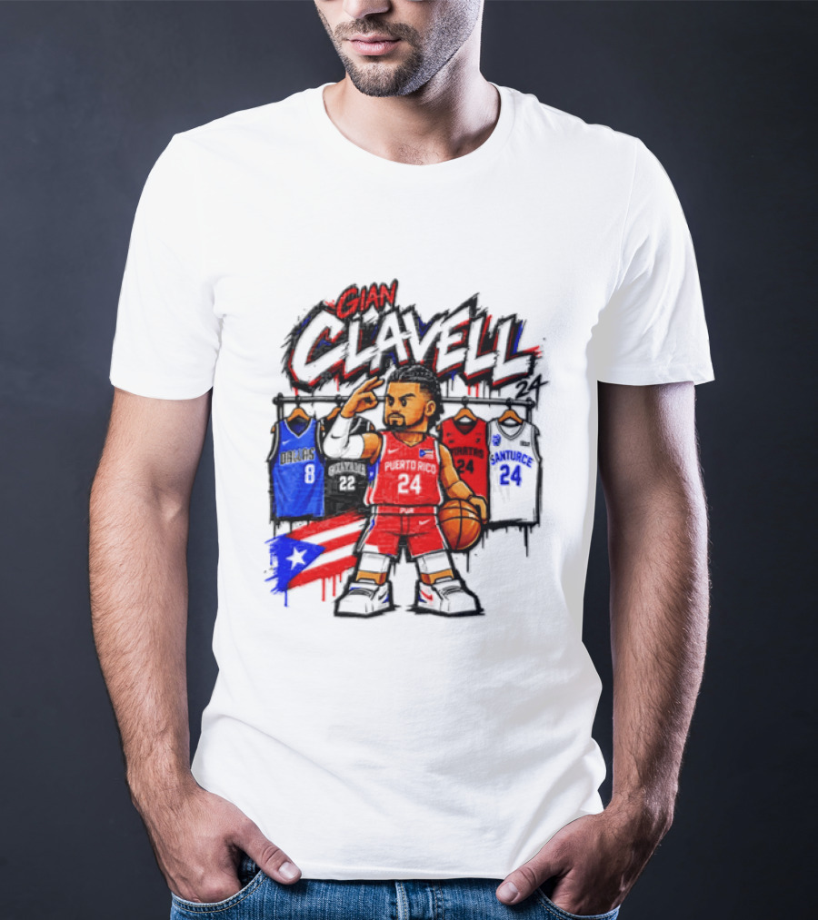 Gian Clavell Puerto Rico Basketball Cartoon With Jersey Collection And Flag T-Shirt