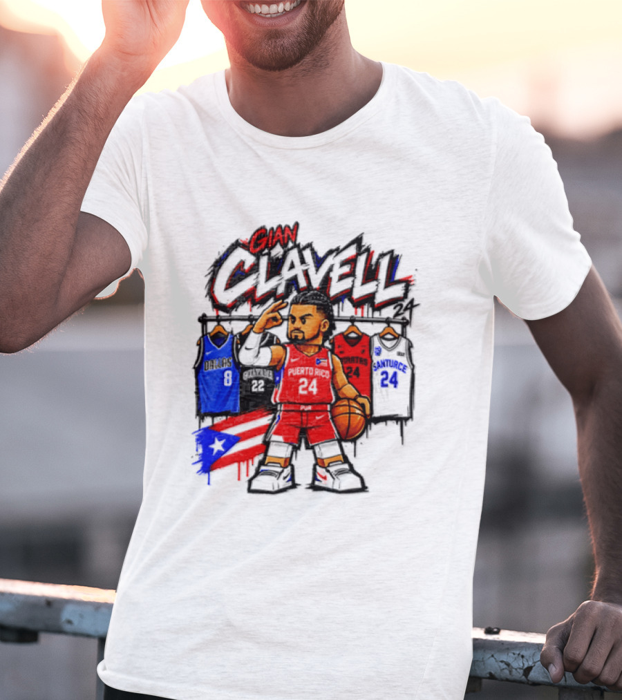 Gian Clavell Puerto Rico Basketball Cartoon With Jersey Collection And Flag T-Shirt