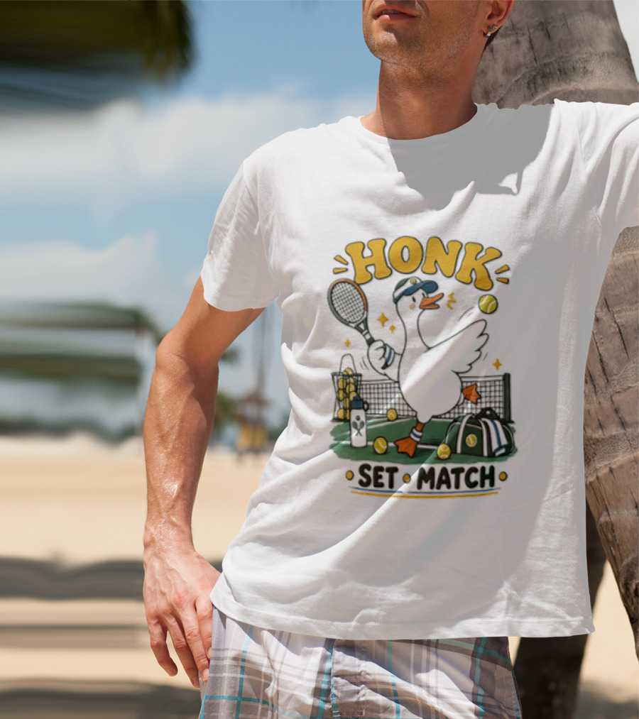 Honk Set Match Duck Playing Tennis Cartoon T-Shirt