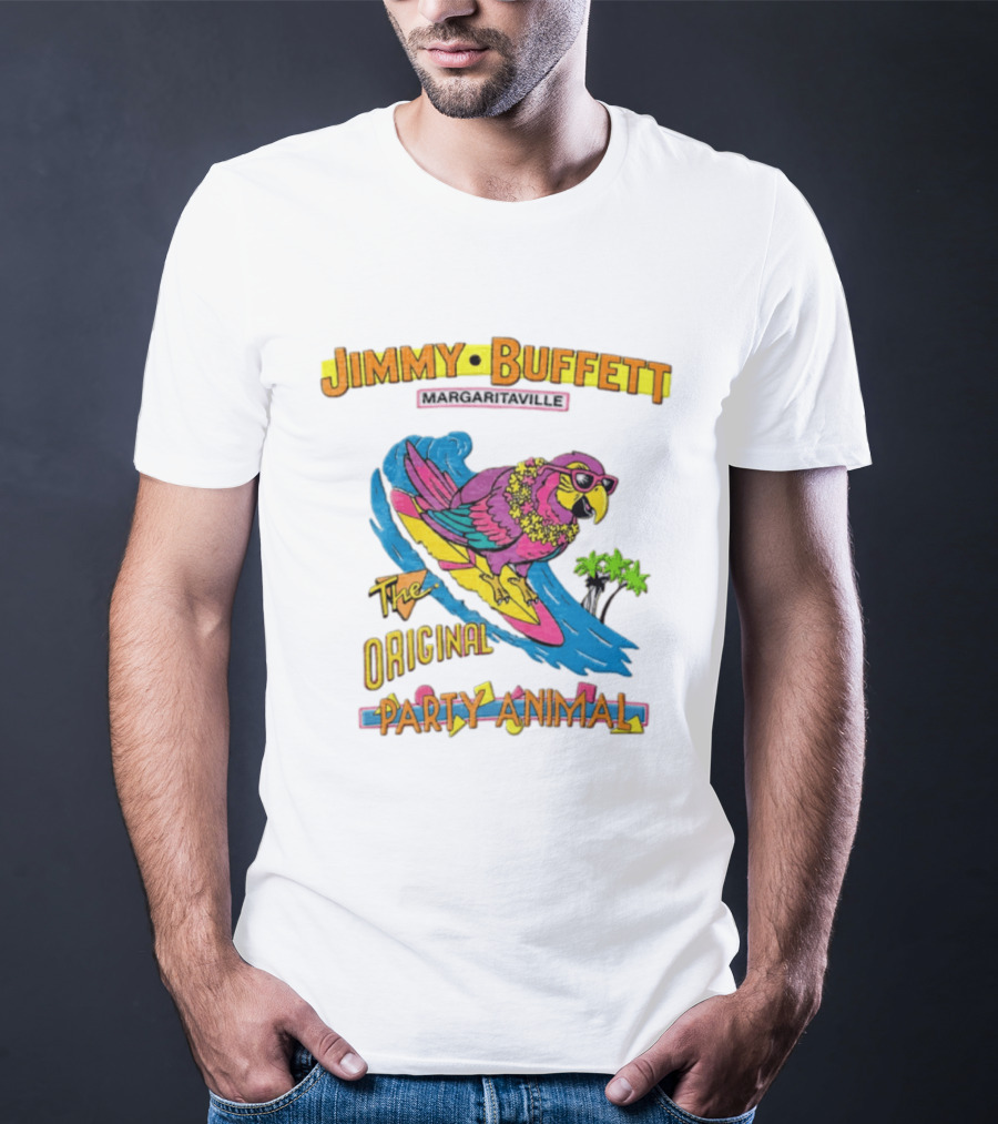 Jimmy Buffett Margaritaville Original Party Animal Parrot Surfing Wave T-Shirt