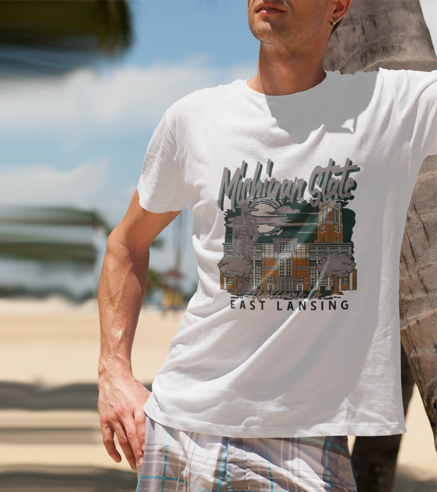 Michigan State University Welcome To East Lansing Scenic Campus Architecture And Famous Spartan Statue T-Shirt