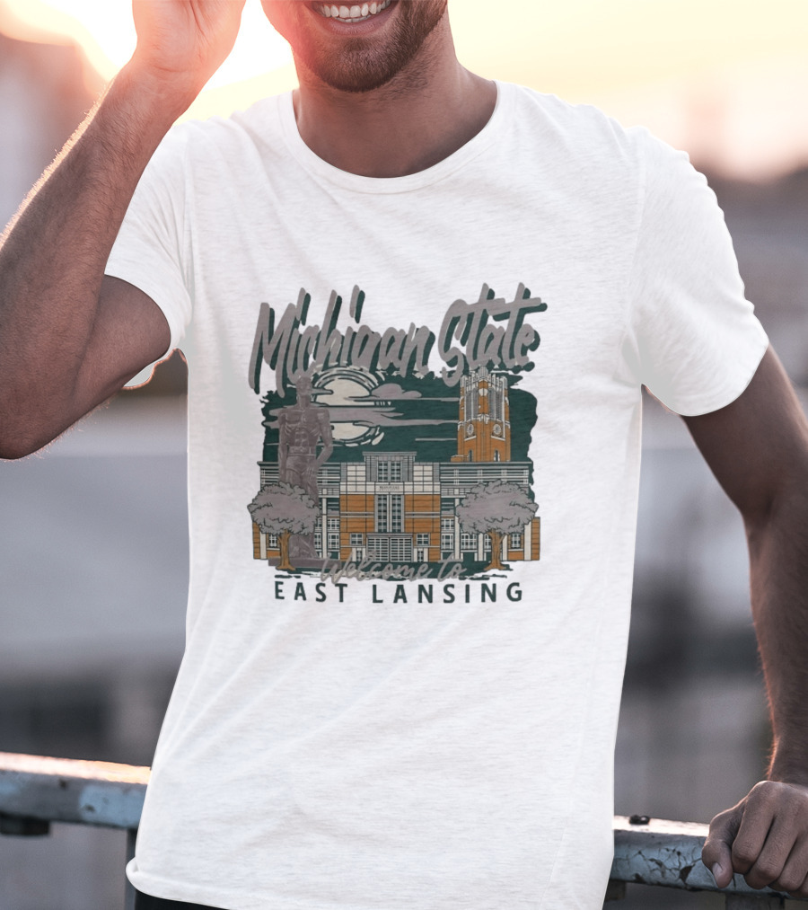 Michigan State University Welcome To East Lansing Scenic Campus Architecture And Famous Spartan Statue T-Shirt
