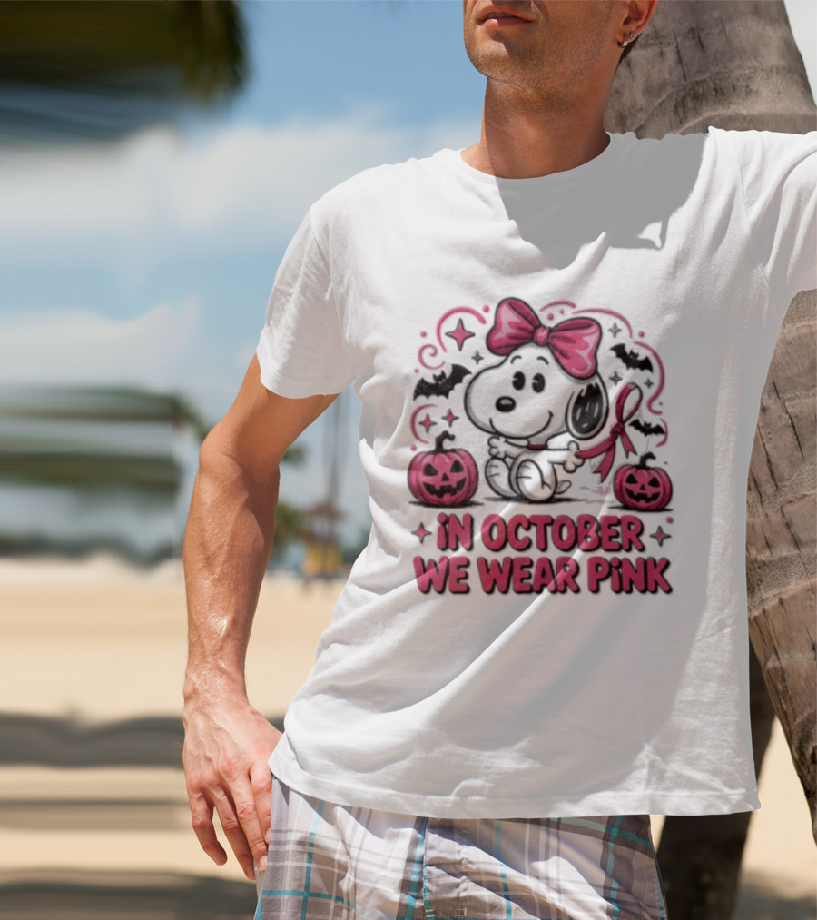 In October We Wear Pink Snoopy Peanuts Halloween Bow Pumpkins Bats T-Shirt