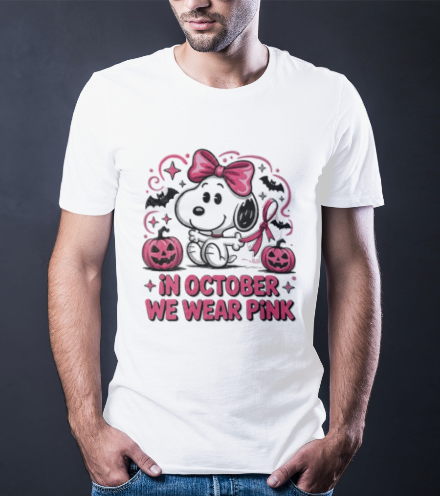 In October We Wear Pink Snoopy Peanuts Halloween Bow Pumpkins Bats T-Shirt