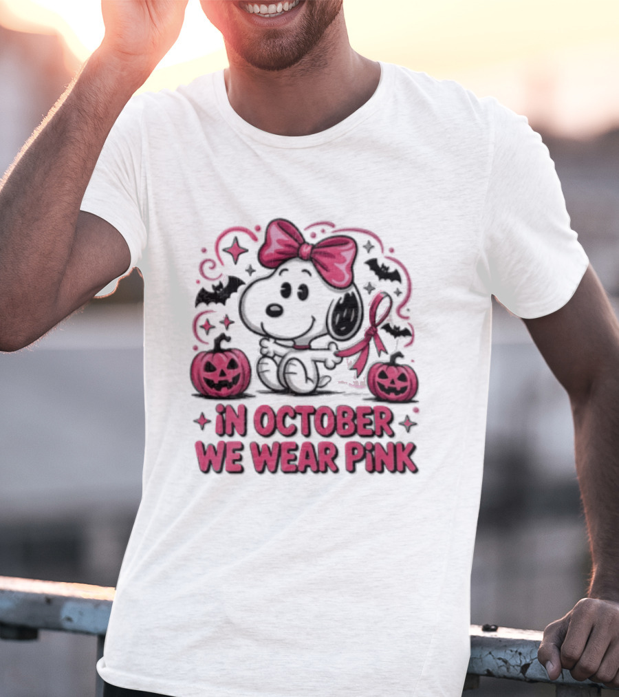 In October We Wear Pink Snoopy Peanuts Halloween Bow Pumpkins Bats T-Shirt