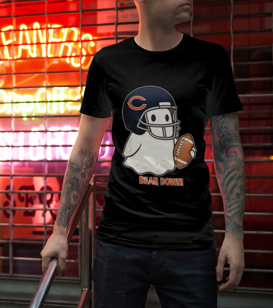Chicago Bears Bear Down Ghost Football Helmet Holding Ball T-Shirt