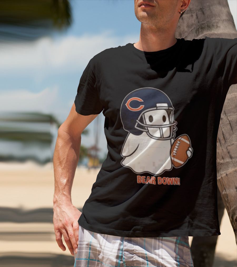 Chicago Bears Bear Down Ghost Football Helmet Holding Ball T-Shirt