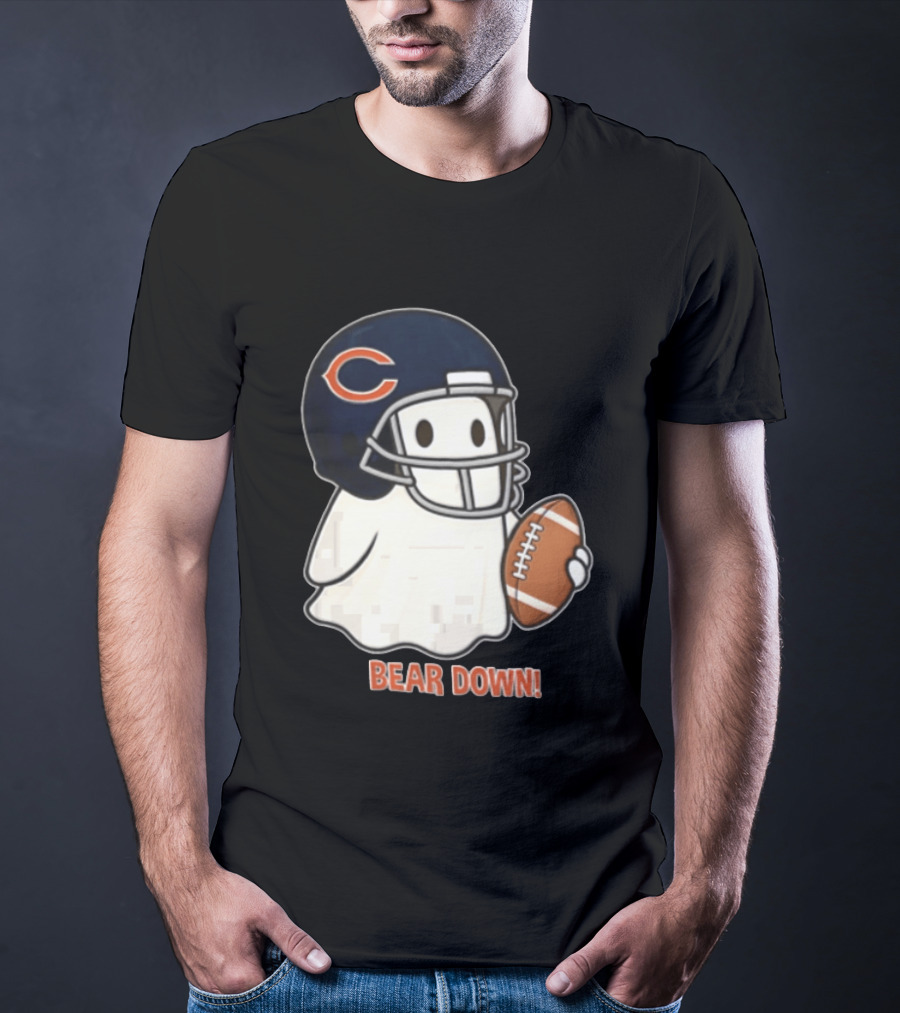 Chicago Bears Bear Down Ghost Football Helmet Holding Ball T-Shirt