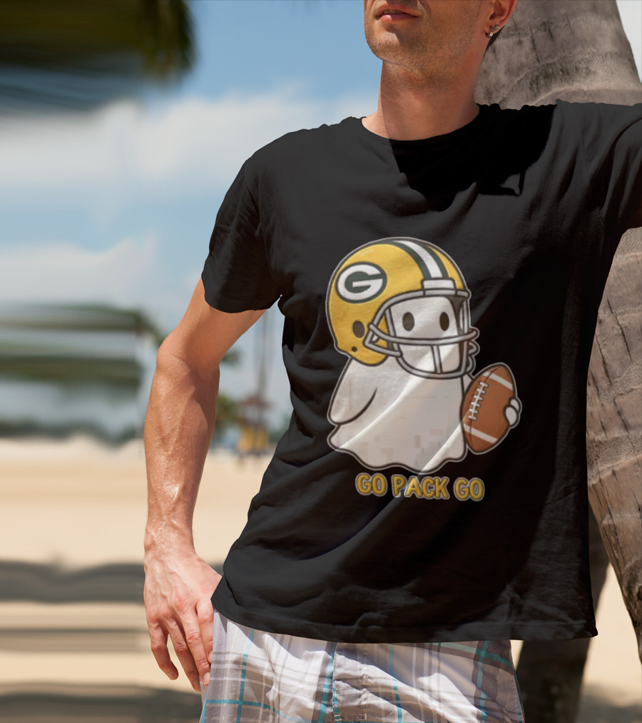 Go Pack Go Ghost With Green Bay Packers Football Helmet And Ball T-Shirt