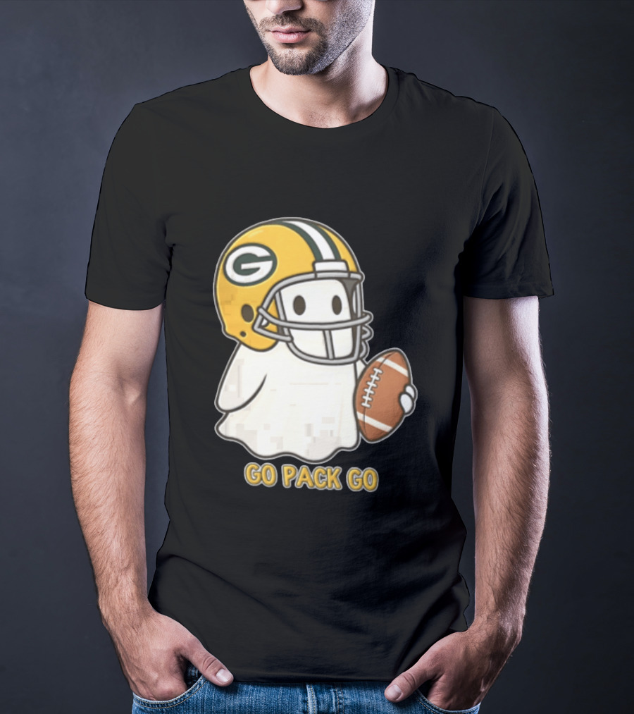 Go Pack Go Ghost With Green Bay Packers Football Helmet And Ball T-Shirt