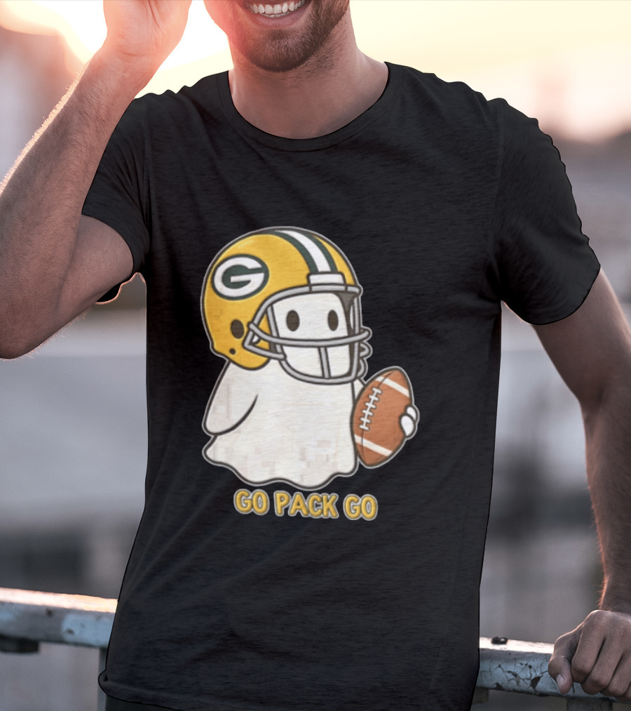 Go Pack Go Ghost With Green Bay Packers Football Helmet And Ball T-Shirt