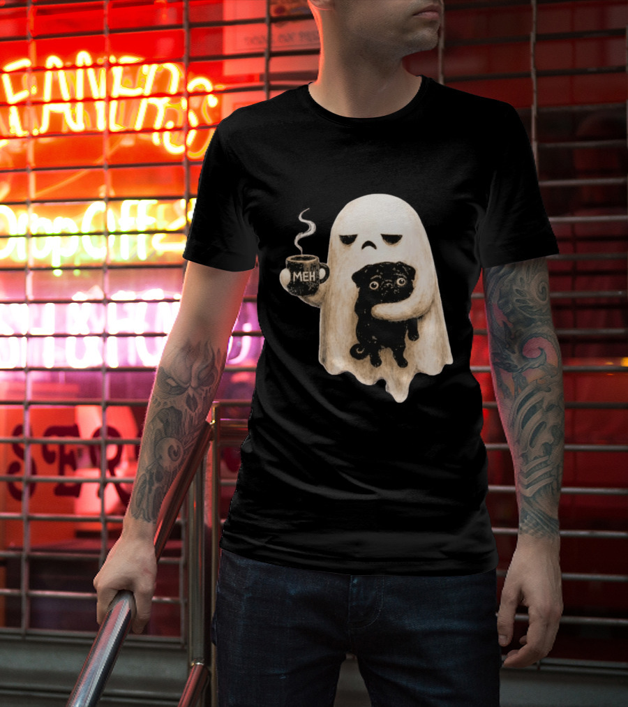 Halloween Meh Ghost Holding Black Pug Dog Lover T-Shirt