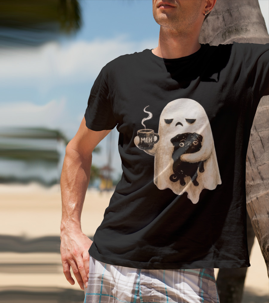 Halloween Meh Ghost Holding Black Pug Dog Lover T-Shirt