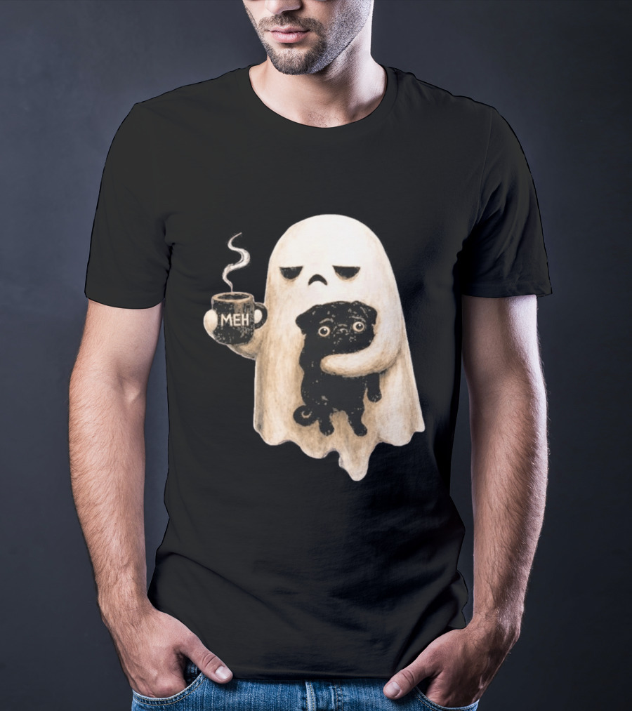 Halloween Meh Ghost Holding Black Pug Dog Lover T-Shirt
