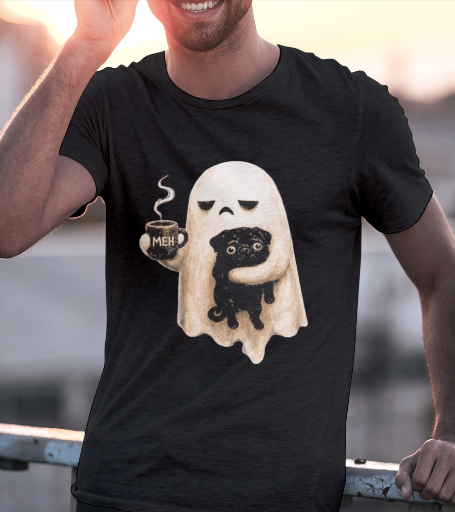 Halloween Meh Ghost Holding Black Pug Dog Lover T-Shirt