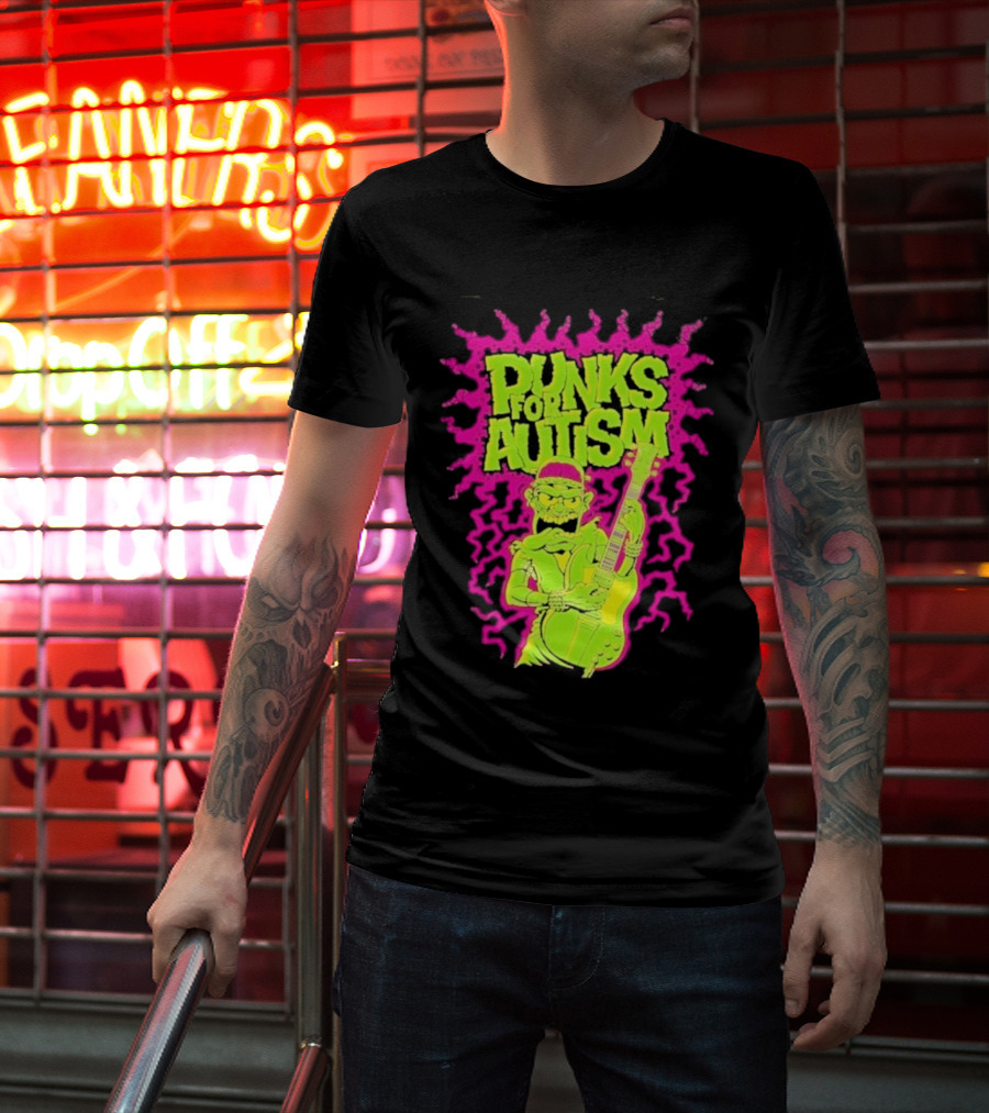 Punks For Autism Frankenstein Guitar Player Neon Rock T-Shirt