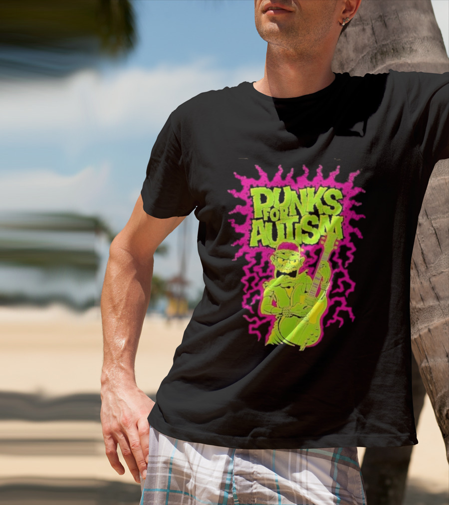 Punks For Autism Frankenstein Guitar Player Neon Rock T-Shirt