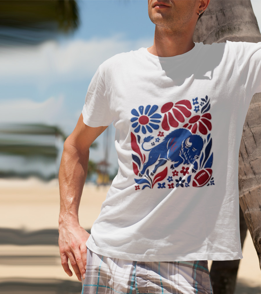 Buffalo Bills Charging Buffalo Red Blue Flowers Football T-Shirt