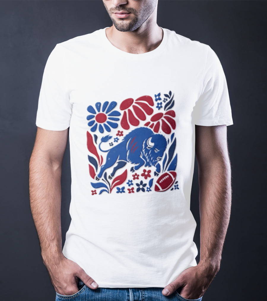 Buffalo Bills Charging Buffalo Red Blue Flowers Football T-Shirt