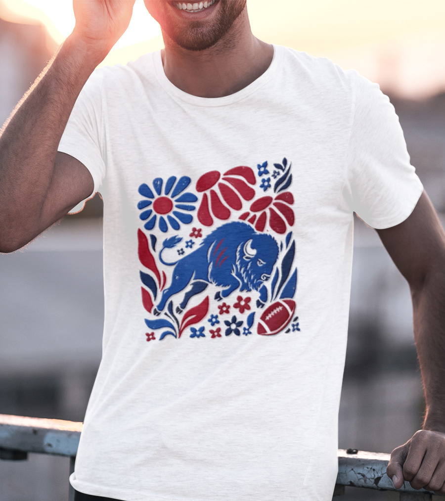 Buffalo Bills Charging Buffalo Red Blue Flowers Football T-Shirt