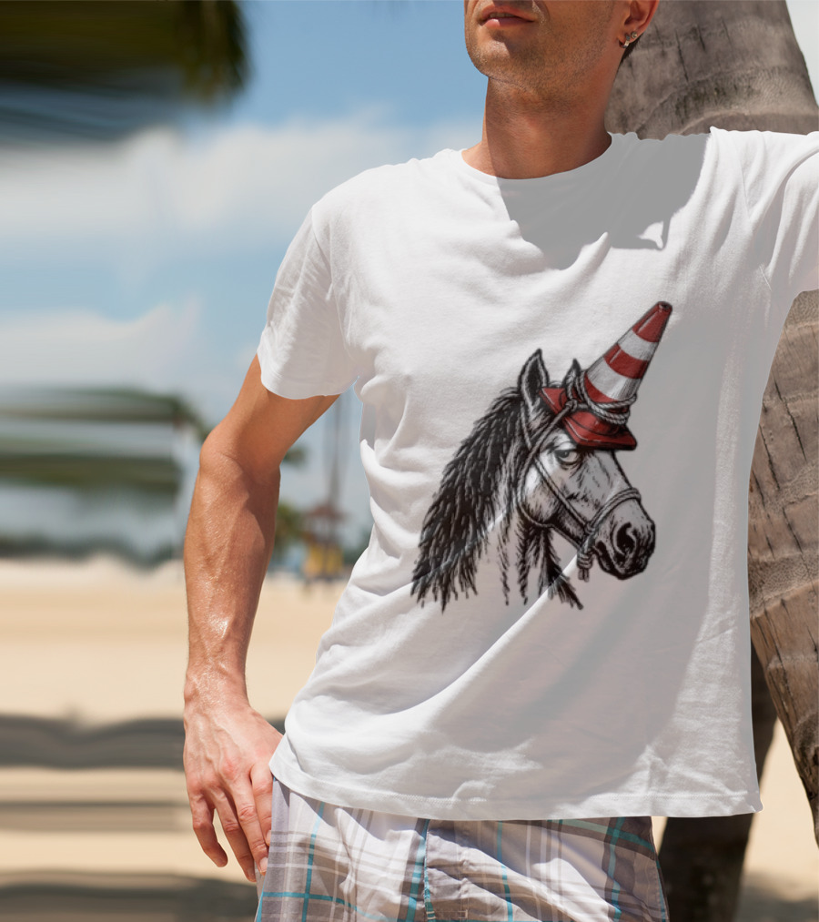 Horse Wearing Red Traffic Cone Hat Rope Accessory T-Shirt