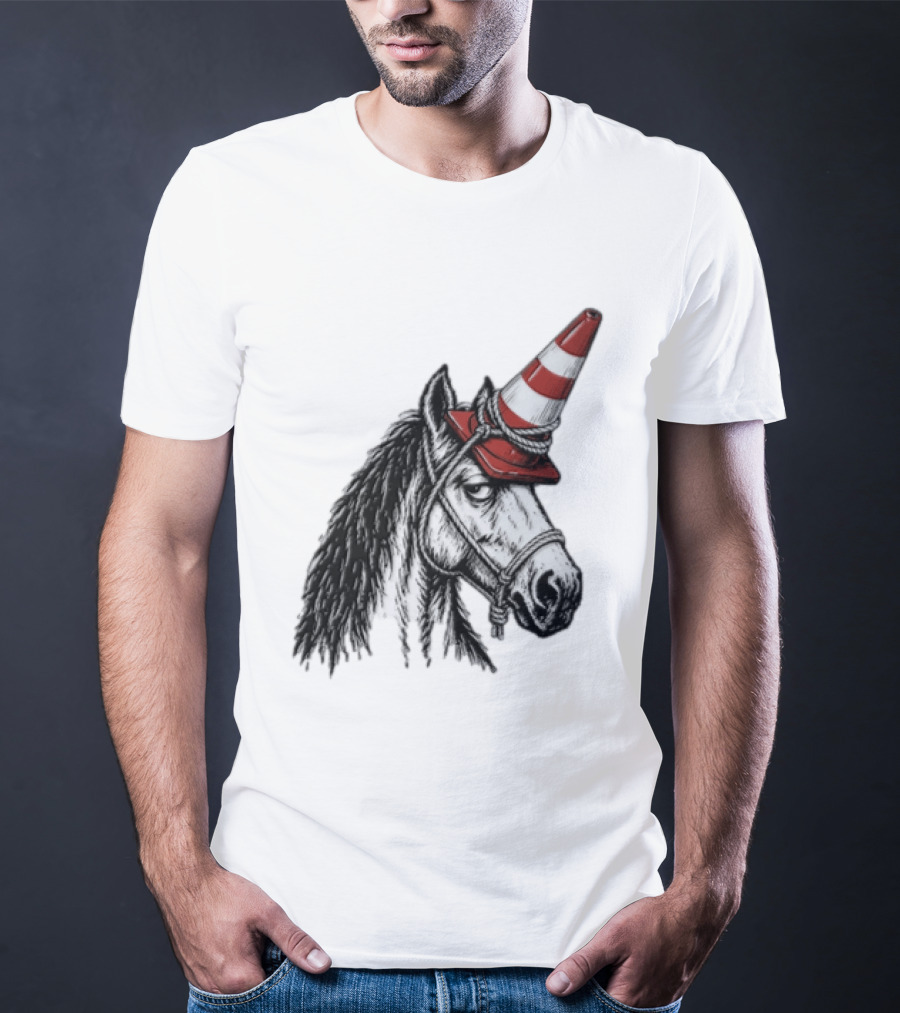 Horse Wearing Red Traffic Cone Hat Rope Accessory T-Shirt