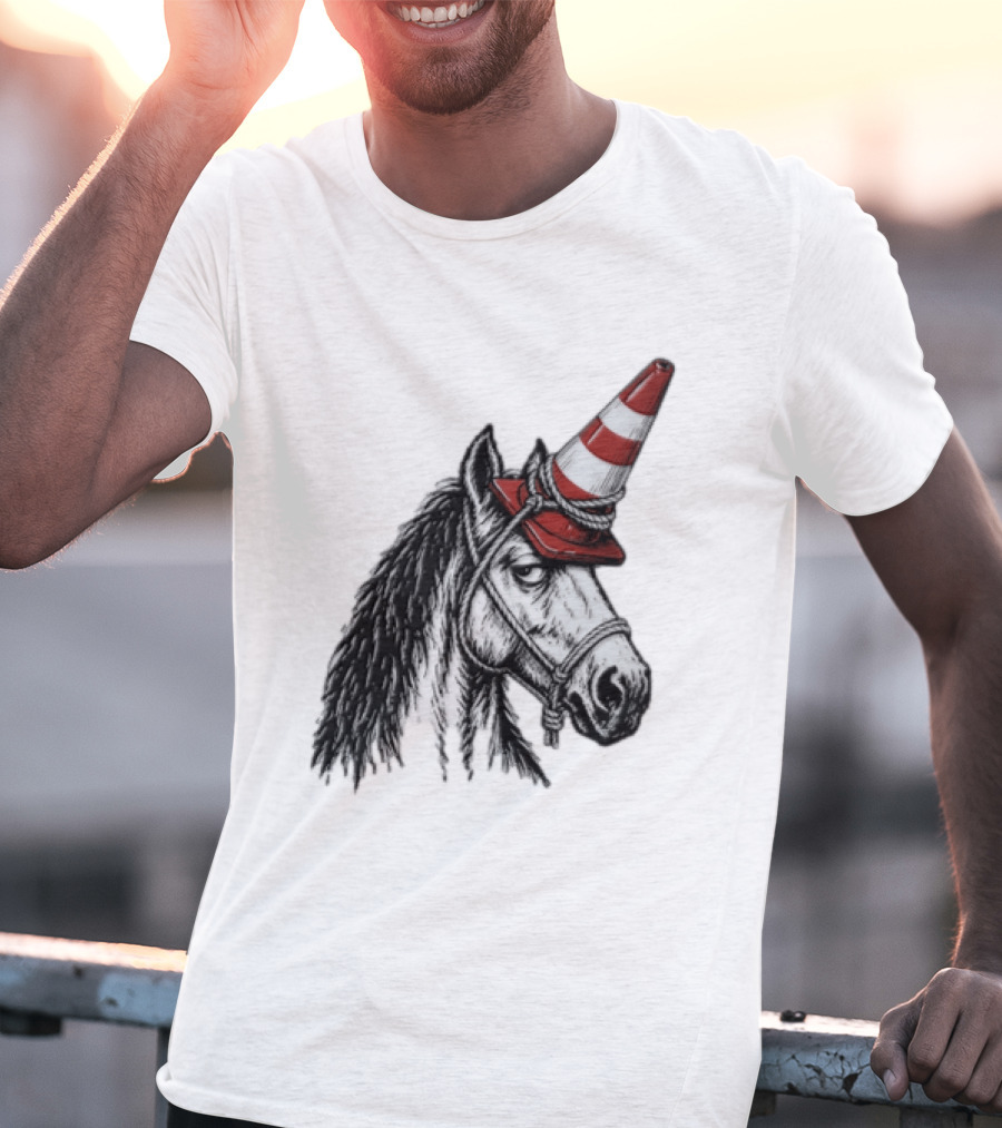 Horse Wearing Red Traffic Cone Hat Rope Accessory T-Shirt