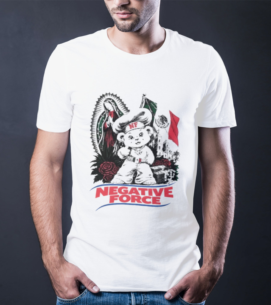 Negative Force Bear With Mexican Flag Virgin Mary Roses T-Shirt
