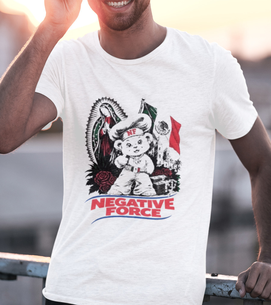 Negative Force Bear With Mexican Flag Virgin Mary Roses T-Shirt