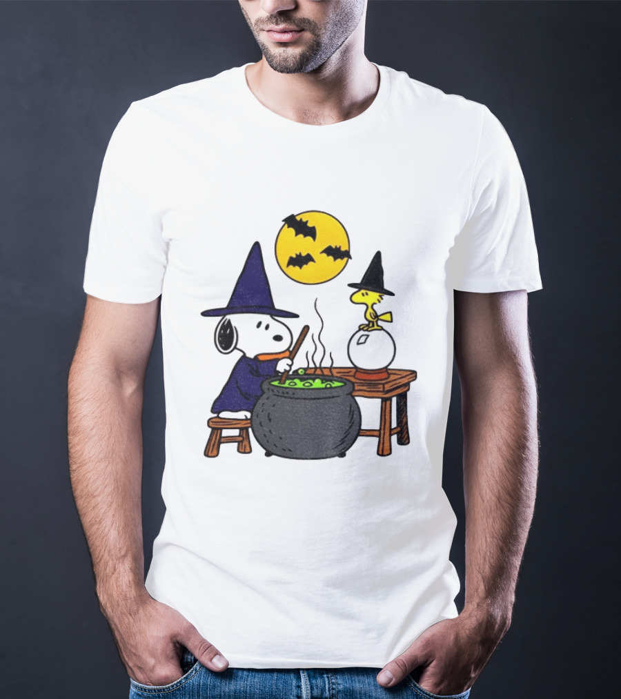 Snoopy Witch Cauldron Woodstock Crystal Ball Halloween Moon Bats T-Shirt