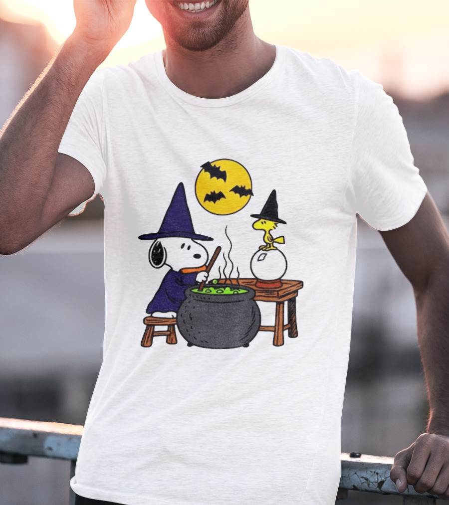 Snoopy Witch Cauldron Woodstock Crystal Ball Halloween Moon Bats T-Shirt