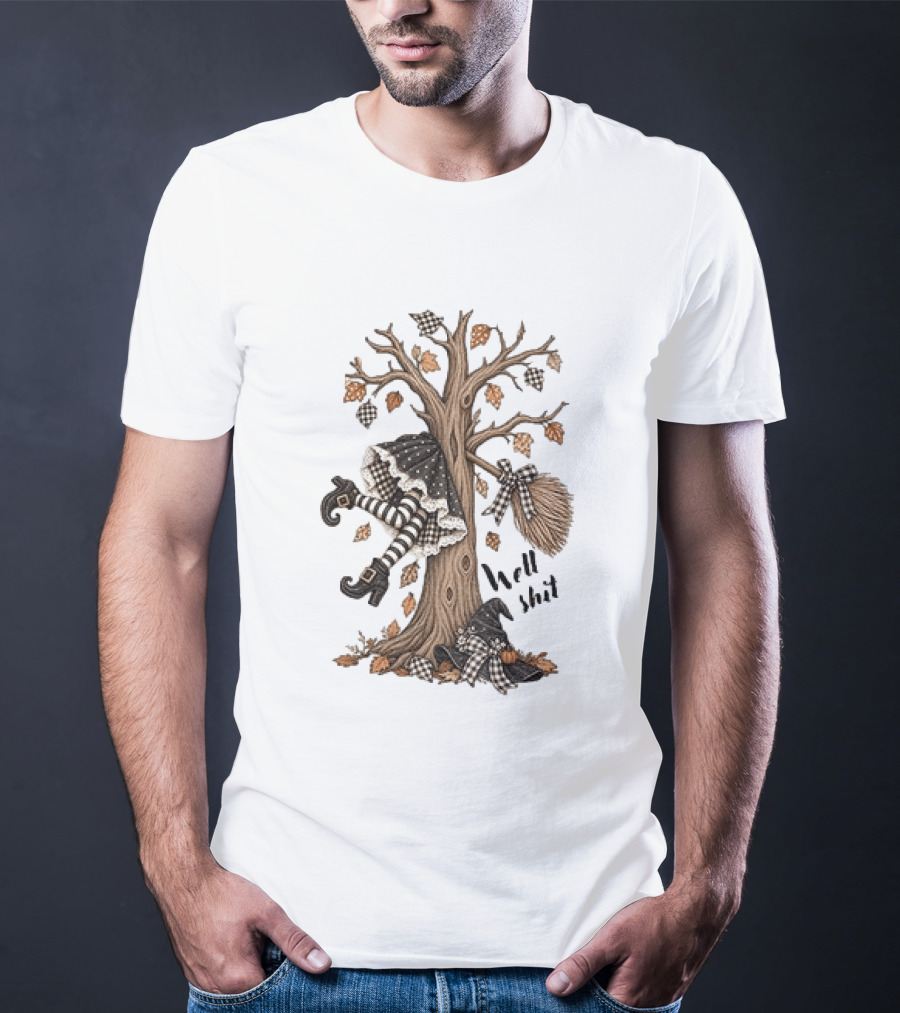 Well Shit Witch Halloween Tree Broom Black White Stripes Autumn Leaves T-Shirt