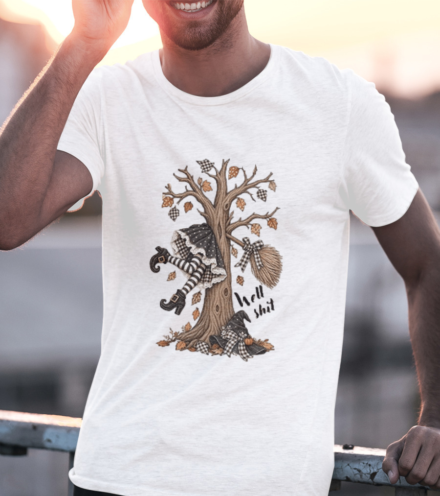 Well Shit Witch Halloween Tree Broom Black White Stripes Autumn Leaves T-Shirt