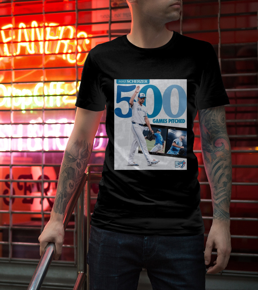 Max Scherzer 500 Games Pitched Blue Jays 50 T-Shirt