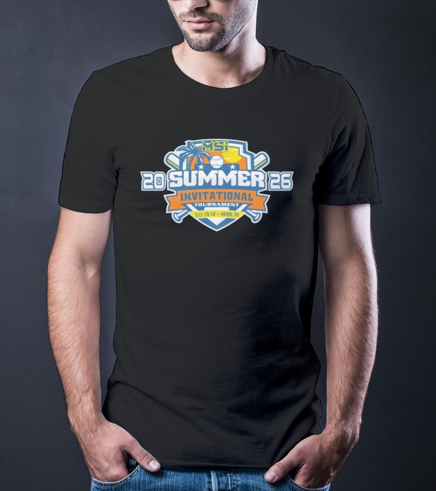 MSI Summer Invitational Tournament 2026 July 10 12 Aston PA Baseball Bat Beach Palm Tree Sunburst T-Shirt