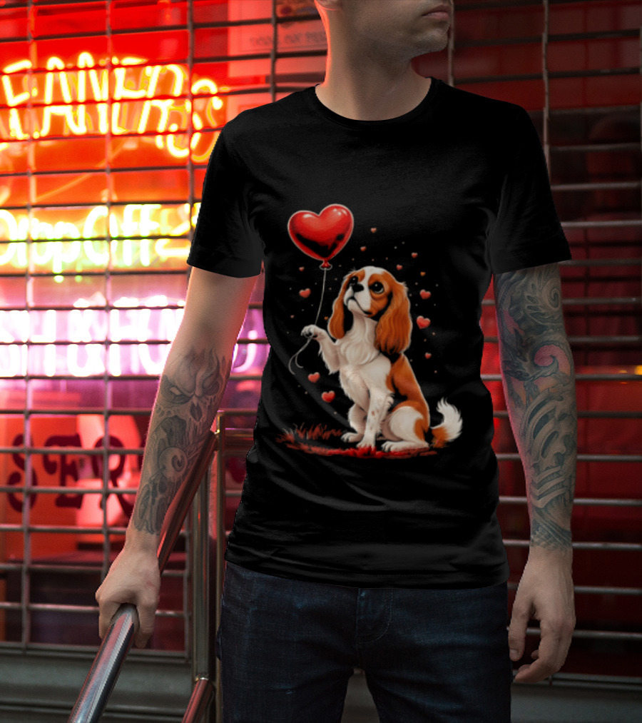 Cavalier King Charles Spaniel With Heart Balloon Surrounded By Floating Hearts T-Shirt