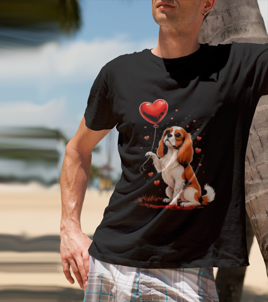 Cavalier King Charles Spaniel With Heart Balloon Surrounded By Floating Hearts T-Shirt