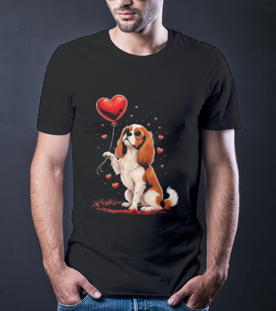 Cavalier King Charles Spaniel With Heart Balloon Surrounded By Floating Hearts T-Shirt