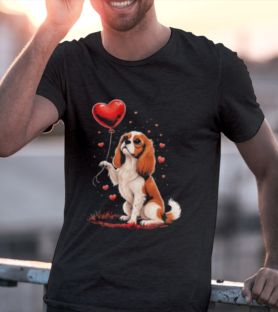 Cavalier King Charles Spaniel With Heart Balloon Surrounded By Floating Hearts T-Shirt