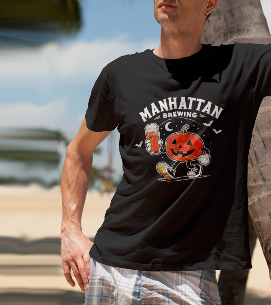 Manhattan Brewing Distressed Pumpkin Moon Walking Beer Halloween T-Shirt
