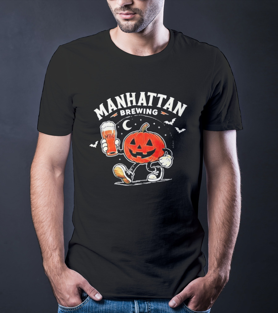 Manhattan Brewing Distressed Pumpkin Moon Walking Beer Halloween T-Shirt