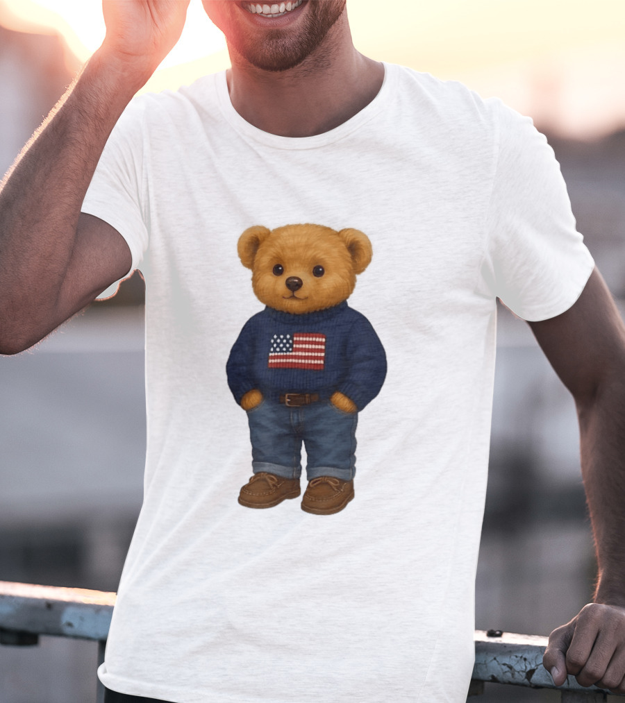Polo Bear Sweater With American Flag Knit Fashion T-Shirt