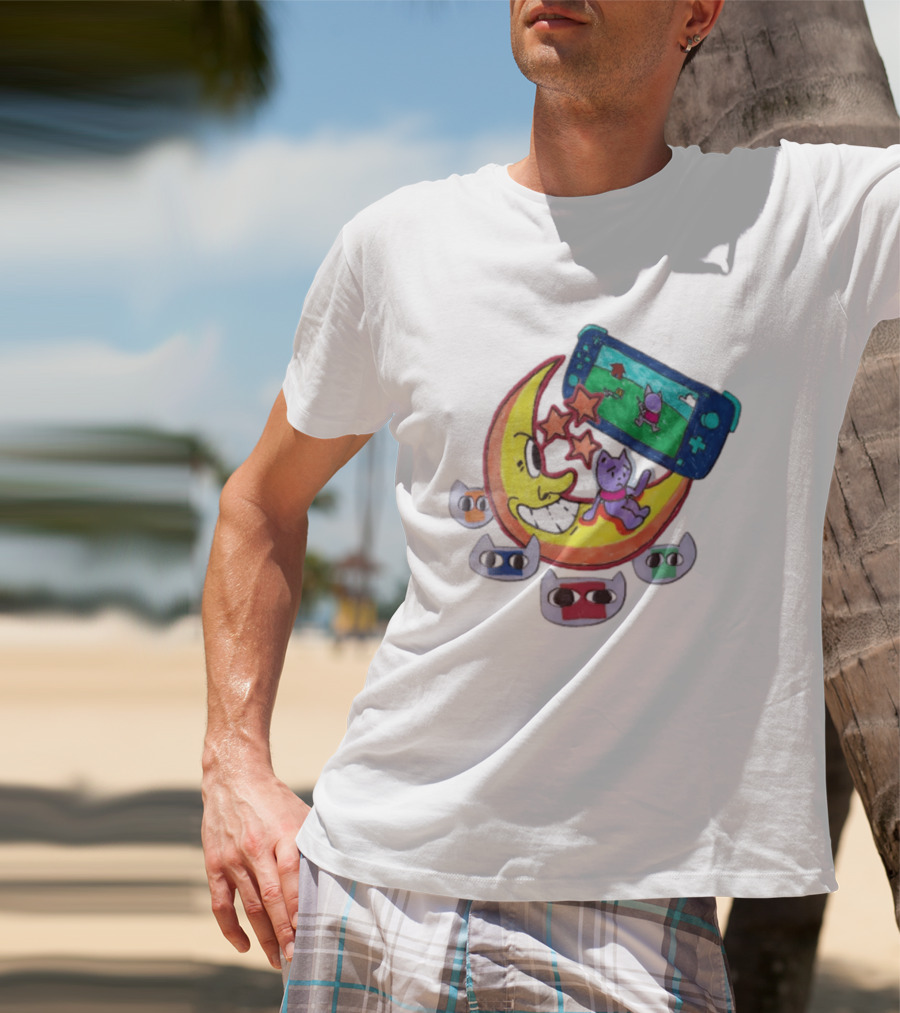 Purple Bear Gaming On Moon With Sunflowers And Dogs Whimsical Two Sided T-Shirt
