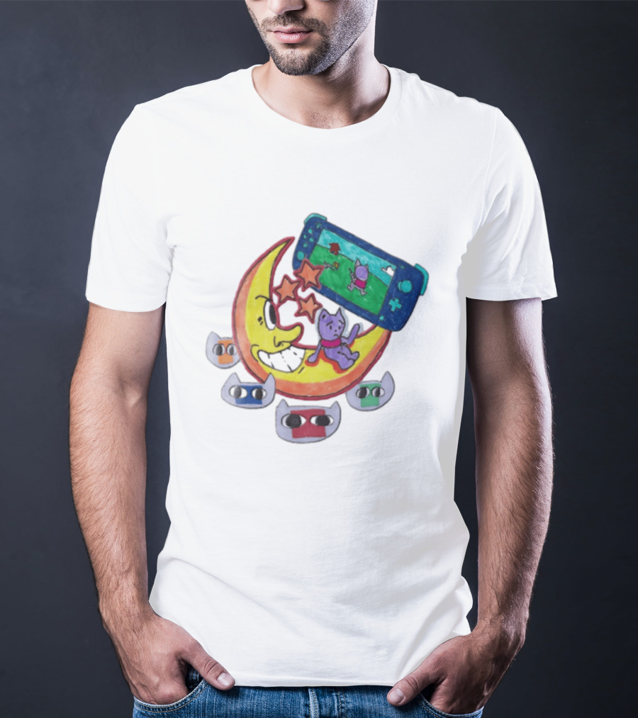 Purple Bear Gaming On Moon With Sunflowers And Dogs Whimsical Two Sided T-Shirt