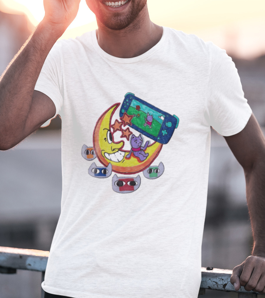 Purple Bear Gaming On Moon With Sunflowers And Dogs Whimsical Two Sided T-Shirt