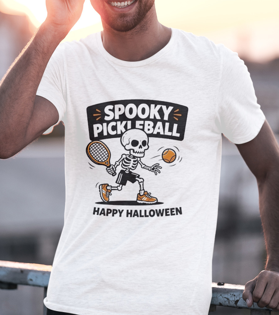 Spooky Pickleball Skeleton Halloween T-Shirt
