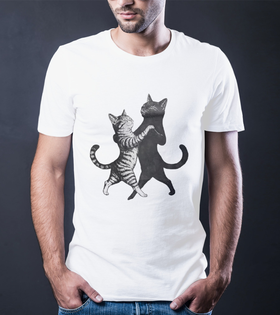 Two Cats Dancing Together Feline Black And White Playful Duo T-Shirt