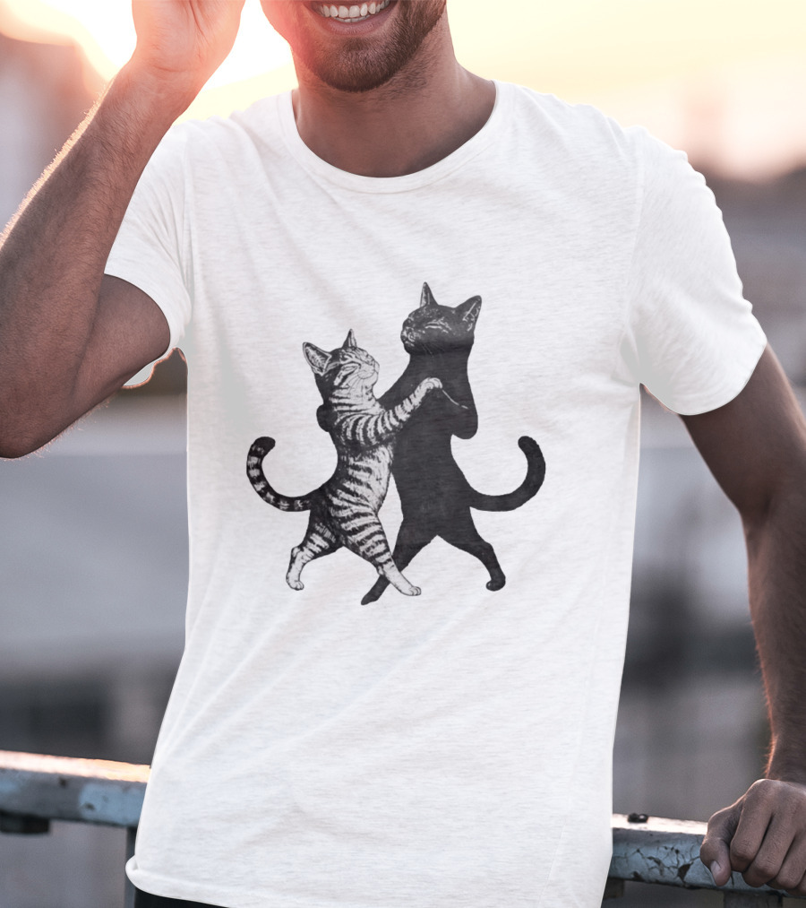 Two Cats Dancing Together Feline Black And White Playful Duo T-Shirt